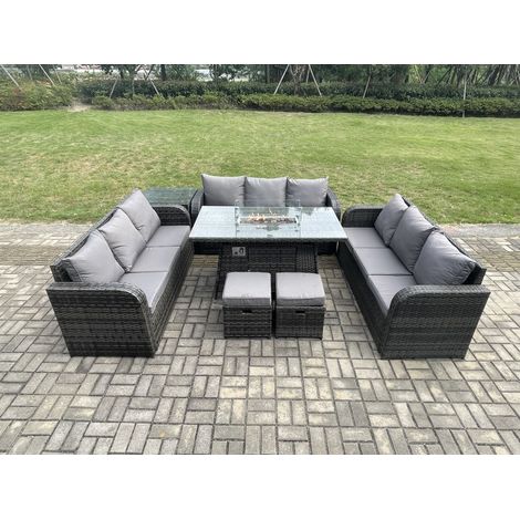 Fimous Rattan Furniture Garden Dining Set Gas Fire Pit Table With Side Table Lounge Sofa 2 Small Footstools Dark Grey Mixed (1/5)