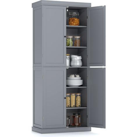 COSTWAY 4 Door Kitchen Pantry 184cm Tall Buffet Cabinet w/ 6-Tier Shelves-Grey (1/5)