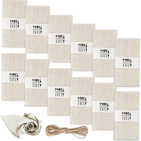 Lot de 12 serviettes en tissu, 40 x 40 cm, réutilisables, en tissu, 100 % naturel, en lin, en coton, décoration de table pour mariage, anniversaire, cuisine (beige) (1/5)