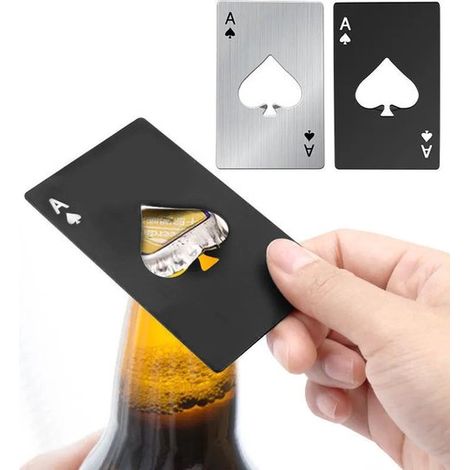 2 abridores de botellas de acero inoxidable con forma de tarjeta de póker, tamaño tarjeta de crédito - Diseño de as de picas (1/4)