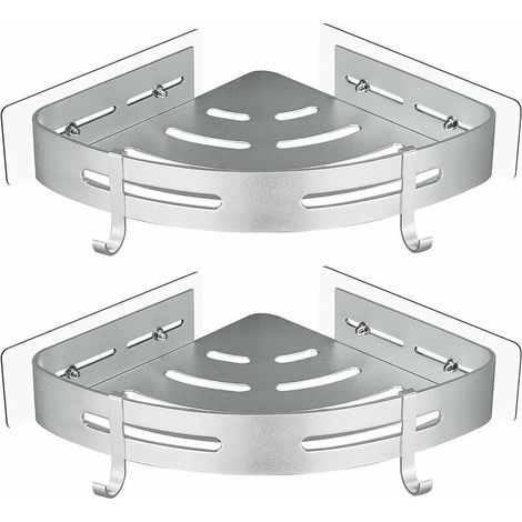 Vtizikl Etagère de Douche d'angle sans Perçage en Aluminium Aéronautique avec 2 Crochets pour Douche Support Antirouille Autocollant pour Articles de Salle de Bains 2 Pièces (Argent) (1/4)