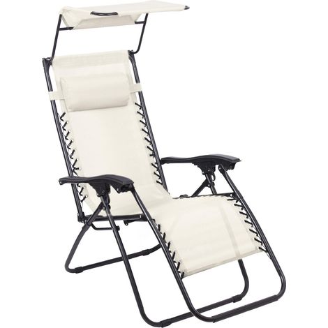 Transat de Jardin Pliable avec Pare-Soleil, Chaise Longue Inclinable Multiposition, Bain de Soleil Relax en Textilène Respirant avec Repose-Tête et Accoudoirs, pour Plage, Camping, Beige Clair (1/5)