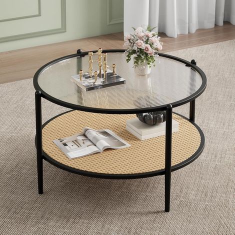 Table basse ronde en rotin 2 niveaux – 76 cm – Plateau verre trempé à vague – Structure métallique – Rangement – Moderne – Idéale pour petits espaces, salon et bureau – Noir (1/5)
