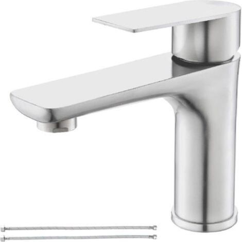 Robinet de salle de bain monotrou, acier inoxydable nickel brossé, robinet d'évier avec conduite d'alimentation (1/5)