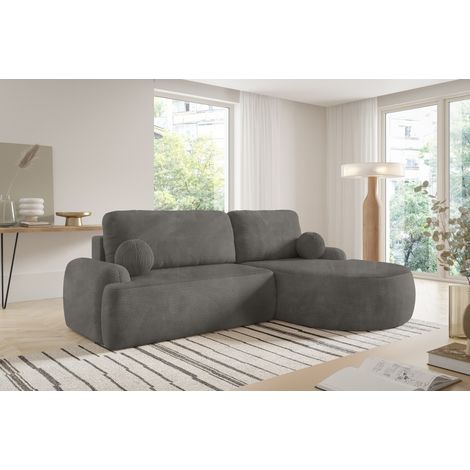 MIKIA - Canapé d’angle convertible en velours côtelé avec coffre de rangement - 265 cm - Gris foncé (1/5)