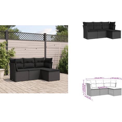 The Living Store Salon de jardin 4 pcs avec coussins noir résine tressée - Meubles extérieurs (1/3)