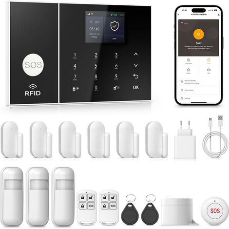 Alarme Maison sans Fil, 2.4G WiFi Systèmes Sécurité pour la avec APP, Kit 120DB Sirène,pour Camping-Car, Garage, Bureau, (1/5)