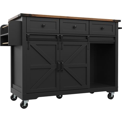 Isla de cocina con encimera extensible, carrito con ruedas, MDF y metal, negro (1/5)