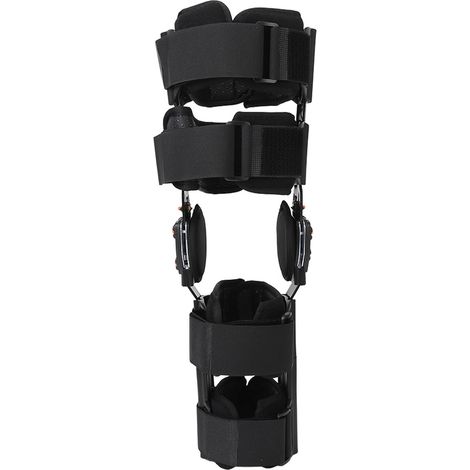 Genouillère réglable avec charnières, fixation orthopédique, doublure mousse, coque de protection, immobiliseur articulé, renfort latéral, maintien stable du genou. (1/5)
