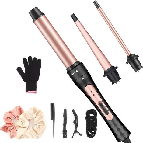 Fers à Boucler Set, 3 en 1 Fer à Friser Boucleur Céramique Interchangeable pour Boucles Grandes, Petites et Ondulées, Boucleur Cheveux Chauffage Rapide, avec Gants (1/5)