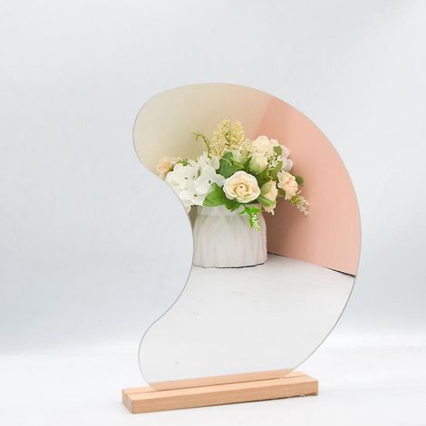 miroir De Maquillage En Acrylique En Forme De Croissant, Miroir D'habillage Sans Cadre, Miroir De Table Esthtique, Couverts En Bois (1/5)