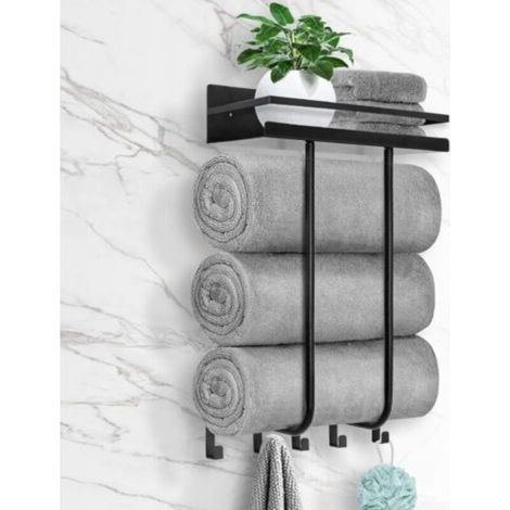 porte-serviettes mural avec étagère en métal et 5 crochets (adapté aux petites salles de bains), porte-serviettes de salle de bain, rangement pour serviettes de bain et porte-rouleau, noir (1/5)
