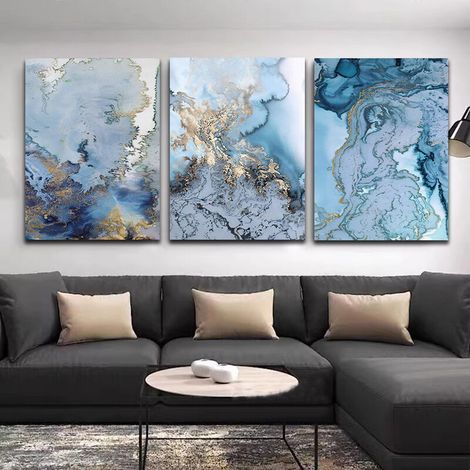 Lot de 3 tableaux toile abstrait bleu et blanc – Décoration murale moderne pour chambre et salle de bain – Résistant à l'eau