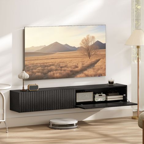 Meuble TV suspendu 140cm, meuble télé pour téléviseur 72 pouces, 2 portes rabattables, 140x25x22cm, noir (1/5)