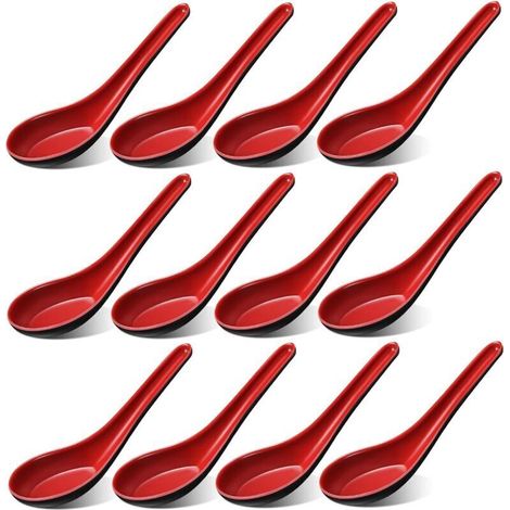 Crezuo 12-teiliges Melamin-Suppenlöffel-, Reislöffel- und Nudellöffel-Set, chinesisch/japanischer Stil, rot und schwarz, Küchenutensilien für den Haushalt