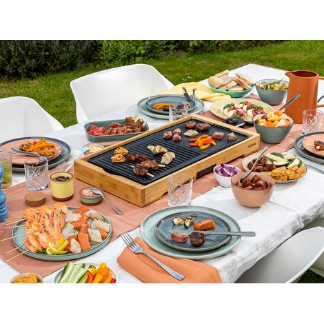Elektro Tischgrill XL Bambus BBQ Grill- und Bratplatte 51x25cm, 2200Watt (1/5)