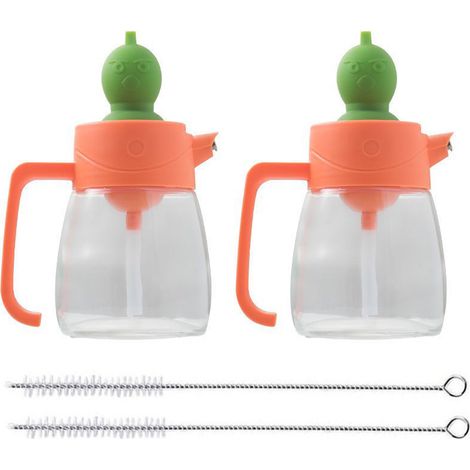 1 bouteille en verre pour huile d'olive et vinaigre, 350 ml, avec pinceau intégré, bec verseur en acier inoxydable, idéale cuisine barbecue pâtisserie (1/5)