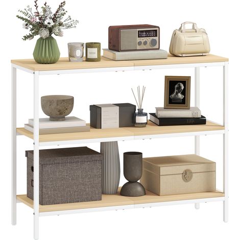 Console d'entrée avec 3 étagères ouvertes et pieds en métal, idéale pour un couloir, un salon ou une chambre. Coloris naturel et blanc. (1/5)