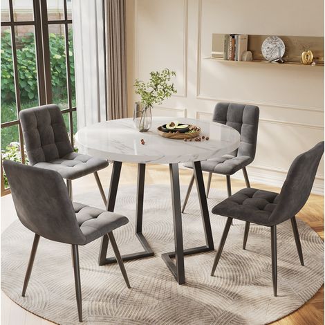 Ensemble table à manger 5 pièces rond, table de cuisine 80 cm en MDF motif marbre, 4 chaises en velours gris foncé, pieds métal réglables CHICFURN (1/5)
