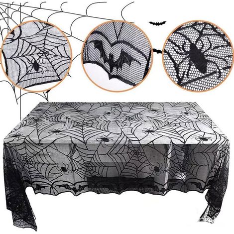 Nappe De Table Halloween - Dentelle En Polyester Noir - Motif Araignée Et Chauve-Souris - 120 x 160 cm - 1 Pièce (1/5)