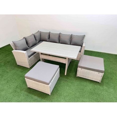 Fimous 8 Seater Rattan Garden Furniture Set Outdoor Patio Dining Corner Sofa Sets with Dining Table 2 Big Footstools Light Grey Mixed (1/5)