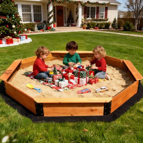 Large Octagon Wooden Sandpit For Kids 216 x 216cm Garden Sandbox With 4 Bench Seats PVC Cover Bottom Liner Outdoor Play Equipment Toys For 2-4 Children (1/5)