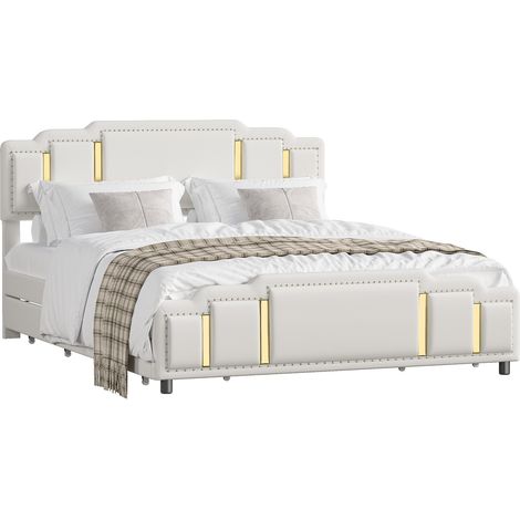 Cama doble 160 x 200 cm de terciopelo beige con 4 cajones, LED de 7 colores, MODENUIT (1/5)