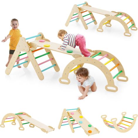 3-in-1 Triangle Climbing Set Wooden Toddler Climber  with Reversible Ramp Arch