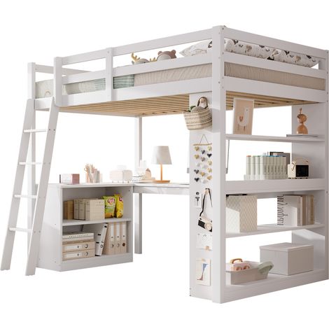 Lit mezzanine enfant blanc 90x200 cm avec rangement, barrière de sécurité et échelle inclinée