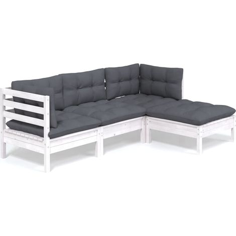 INLIFE Salon de jardin 4 pcs avec coussins Blanc Bois de pin (1/5)