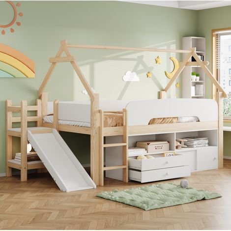 Lit mezzanine 90x200 cm bois/MDF blanc et bois, toboggan, gain de place, sans matelas – MEUBLIV (1/5)