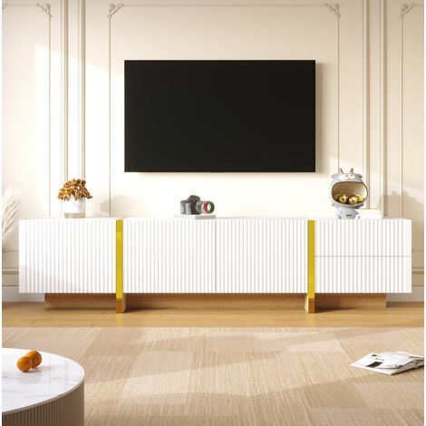 Meuble TV rangement 190 cm 3 portes MDF blanc doré bois OKMYHOME (1/5)