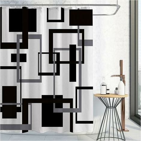 Black and White Shower Curtain, Black Gray Geometric Fabric Shower Curtain Set, Mid Century Modern Abstract Minimalist Waterproof Shower Curtain for Bathroom Decor, 72 x 72 (1/5)
