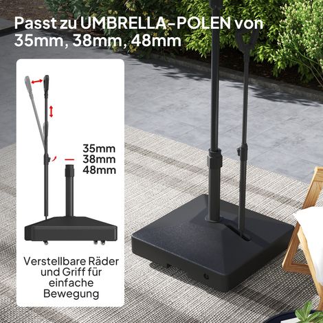 Pied de parasol extérieur à roulettes ajustables, lestable eau/sable, base en plastique noir. (1/4)