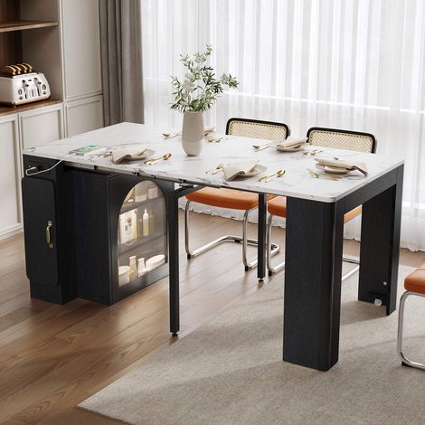 Îlot de cuisine avec table extensible 83 x 39,6-149,6 x 77 cm, 3 plateaux, roulettes, prises USB/Type-C, LED, rangement, noir (1/5)