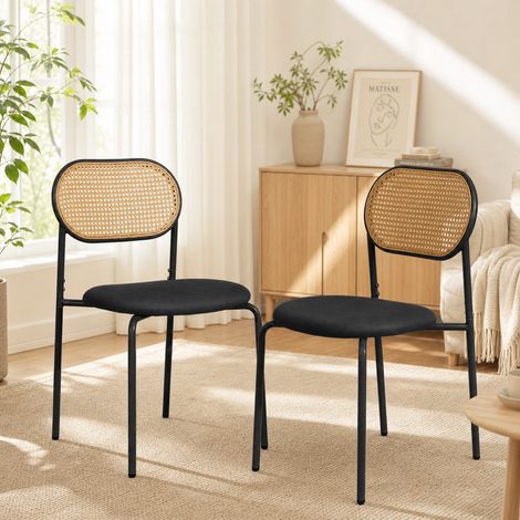 Lot de 2 chaises de salle à manger scandinaves, dossier rotin naturel ergonomique, assise rembourrée, pieds métal noir réglables, design moderne pour cuisine salon