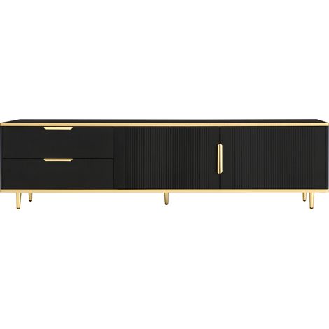 TV-Lowboard mit 2 Türen und 2 Schubladen, Geschnitzte Front, Goldene Griffe und Füße, Modern, 175×40×45 cm, Schwarz (1/5)