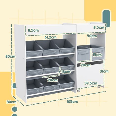 Étagère de rangement enfant, meuble jouets avec 11 bacs en tissu, casiers supérieurs, 3 stickers, blanc (1/5)