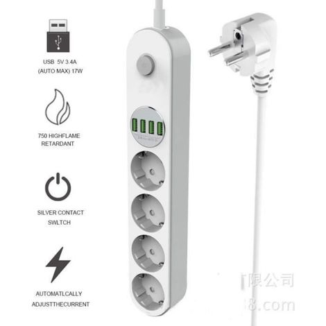 Multiprise parasurtenseur 4 prises + 4 USB Type E 10A 2500W câble 2m - Blanc (1/4)
