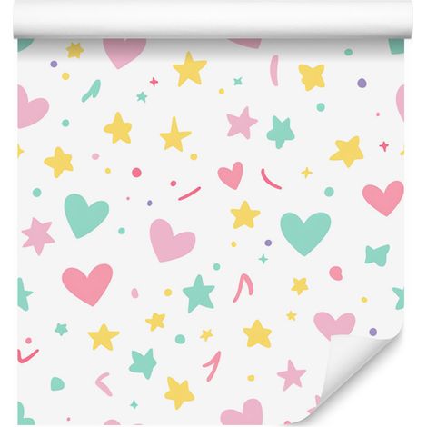Papier peint Love blanc, rose poudré, crème et menthe 50x1000 cm (1/5)