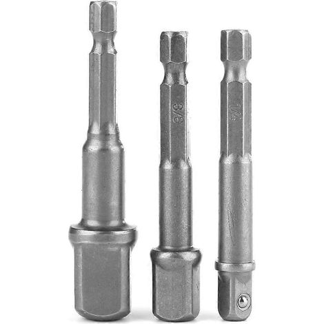 Lot de 3 adaptateurs hexagonaux 1/4" vers carrés 1/4", 3/8" et 1/2" pour perceuse et clé à douille.