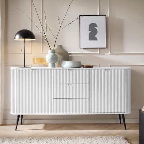 Commode MORDEN KSZ168 - Blanche - Fronts Rainurés - 3 Tiroirs - Largeur 168 cm, Hauteur 87 cm, Profondeur 39 cm (1/5)