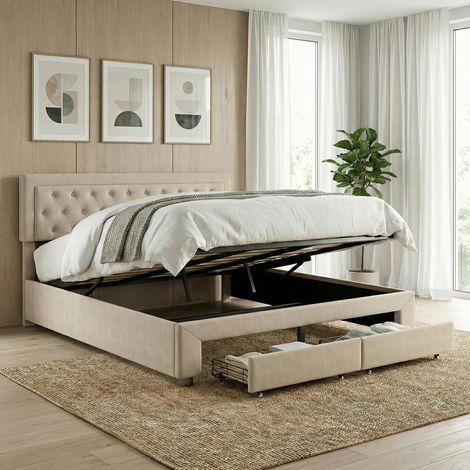 Letto contenitore matrimoniale 160x200 cm in velluto beige con 2 cassetti - Testiera imbottita capitonné - Rete a doghe inclusa(160x200cm, Beige)