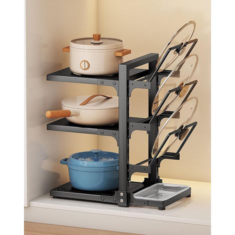 Étagère de cuisine multifonctionnelle avec support pour couvercles de casseroles, hauteur et pieds réglables, noir 3+3 (1/5)