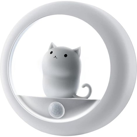 Veilleuse chat à détecteur de mouvement, idéale pour les petites filles amoureuses des chats. Batterie rechargeable, aimant intégré et 2 niveaux de luminosité (Couleur : Blanc).