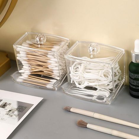 1 Distributeur accessoires salle de bain, transparent, couvercle sphérique, rangement coton-tiges, bureau (1/5)