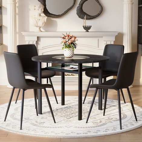 MEUBLIV Conjunto mesa redonda negra 100 cm con 4 sillas y estante de vidrio (1/5)