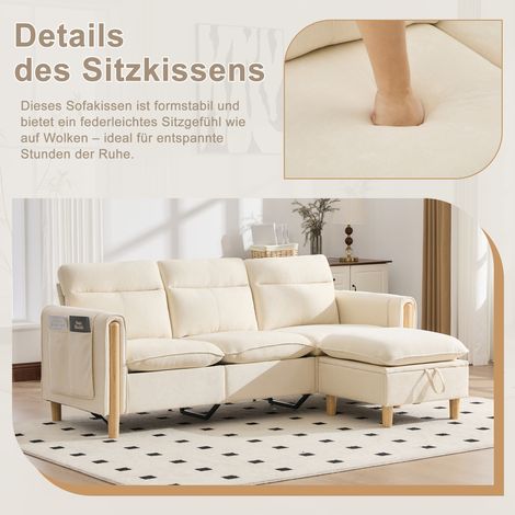 Canapé d'angle 3 places nordique avec pouf coffre de rangement, tissu en maille beige, poches latérales, pieds bois, parfait pour petit salon ou espace moderne (chenille). (1/5)