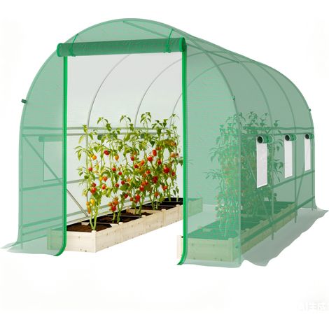 m² Gartentunnelgewächshaus, Modell mit Tür und 6 Fenstern, 140 g/m² PE-Folie, 400 x 200 x 200 cm, grün