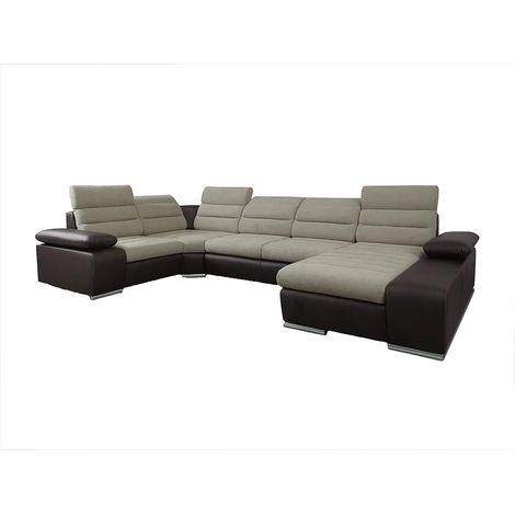 Canapé d'angle panoramique convertible en tissu et simili BOILEAU - Bicolore beige/marron - Angle droit (1/5)